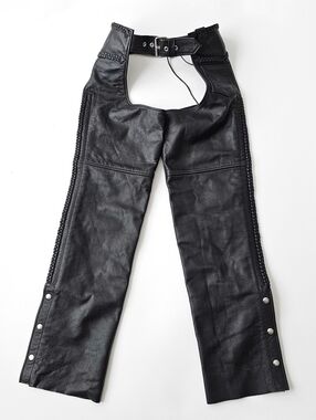 FMC Leather Western Chaps Black Braided Lace Up Moto Biker Pants XXXS